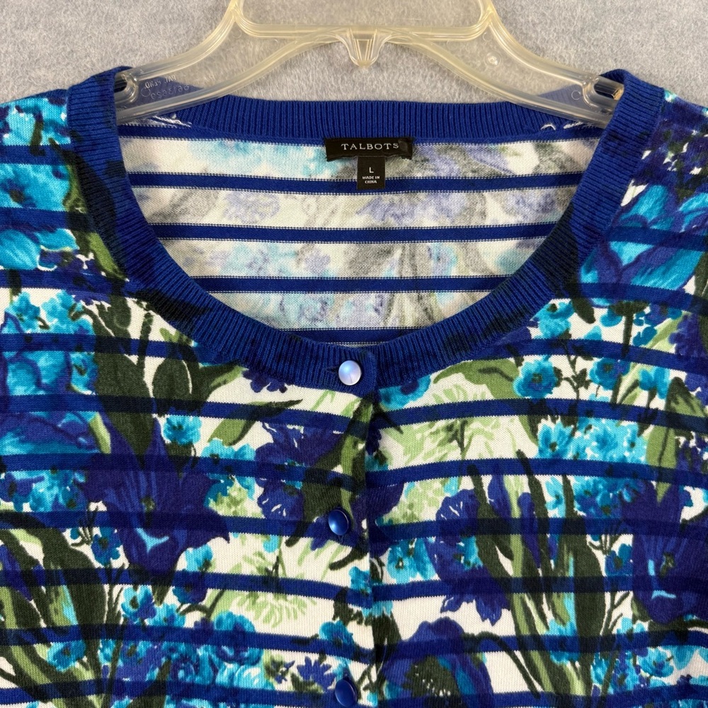 Talbots L Cardigan Sweater 3/4 Sleeve Cotton Blend Blue White Stripes Floral - Picture 3 of 8